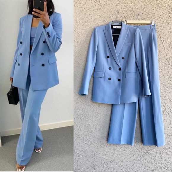 Zara Pants - ZARA 2 Pc Suit SET BLOGGER Blue Double Breasted Blazer & Trousers Pants Pantsuit